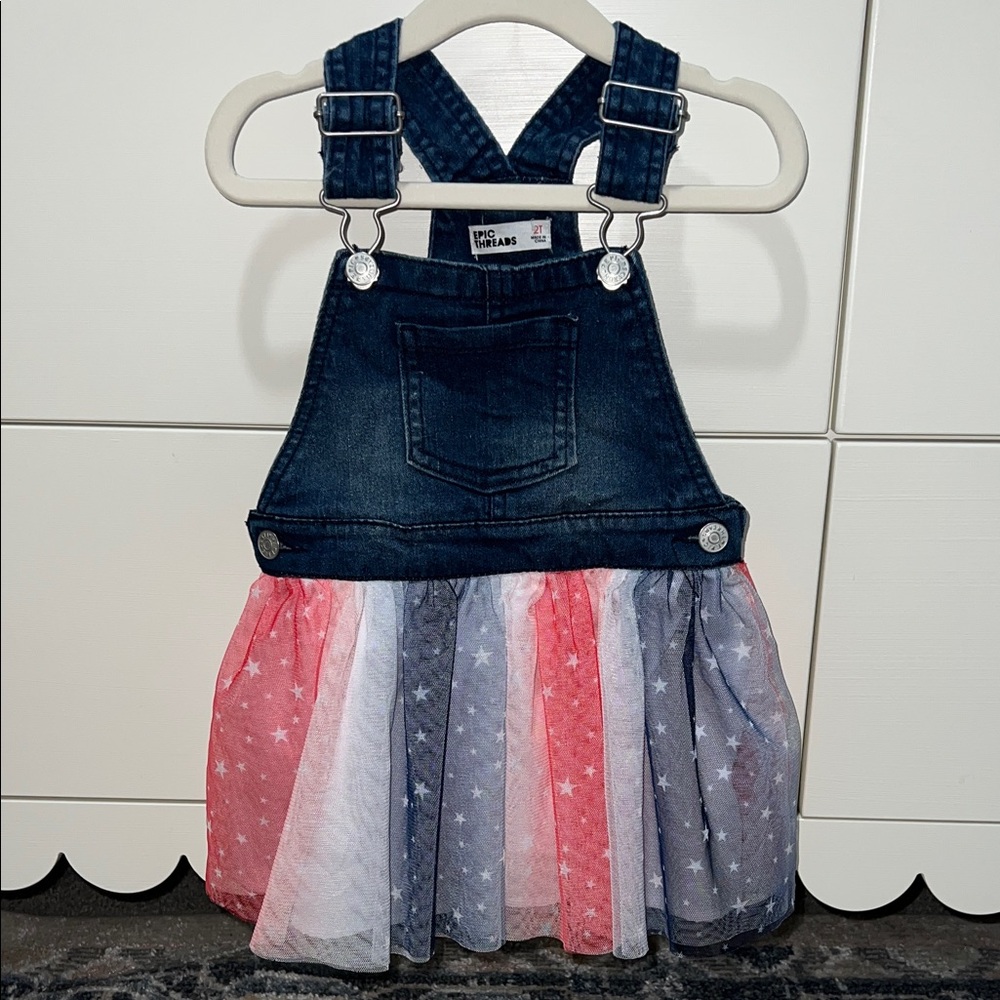 Denim Overall Dress with Red, White, and Blue Tulle Patriotic Star Skirt